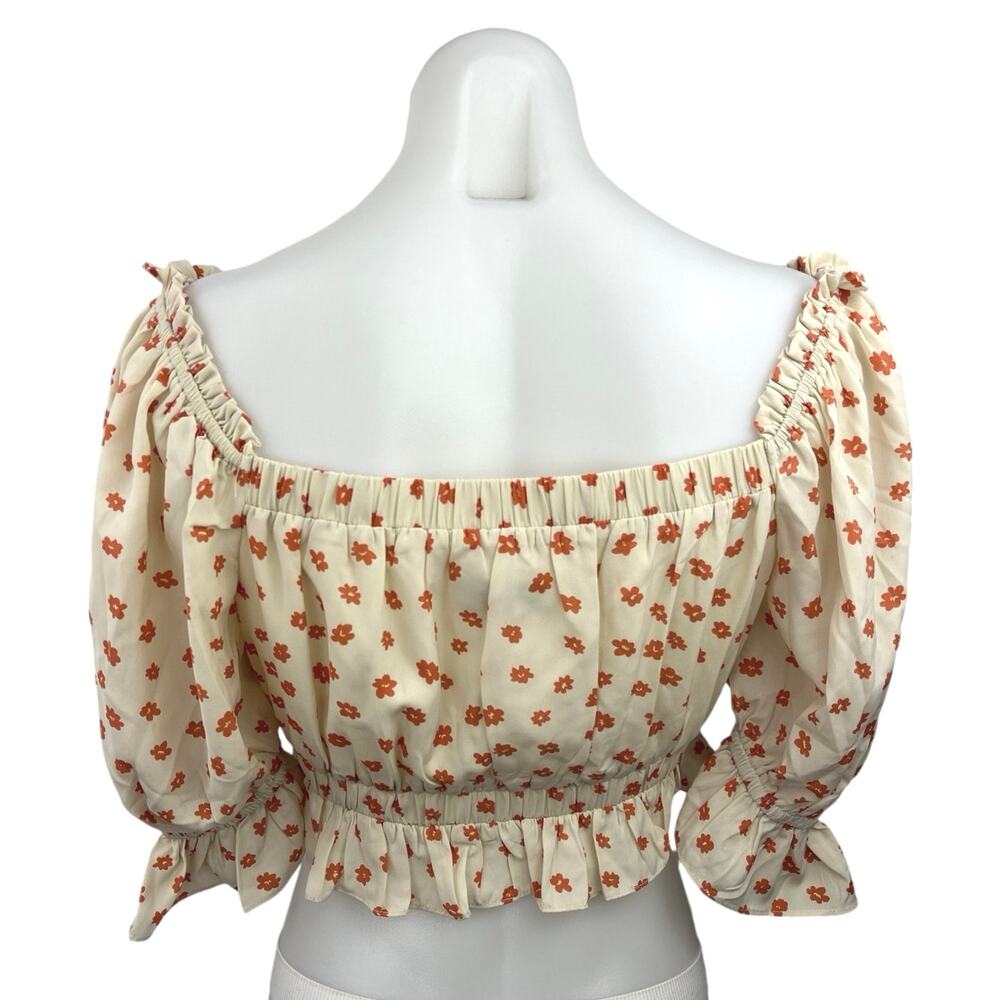 Sabo Skirt Cream Orange Floral Half Puff Sleeve Boho Ruffle Crop Blouse Top Sz M - Picture 2 of 4